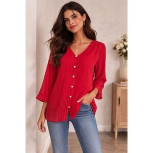 Everly Womens Red Pintuck V-Neck Blouse Pearl Button 3/4 Sleeve Size L